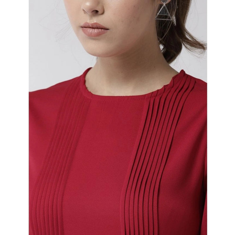 Mayawye Women's Polyester Pintuck Long Sleeves Below Knee Dress (Red)