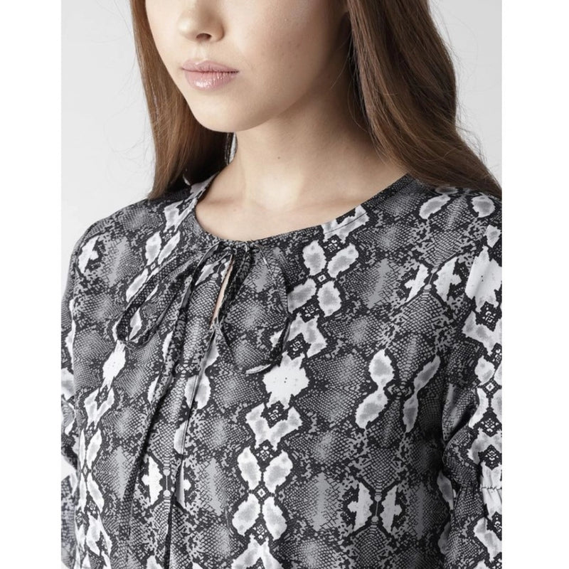 Mayawye Women's Polyester Animal Print Short Sleeve Knee-Length Dress (Black - White)