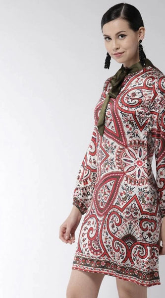 Mayawye Women's Polyester Printed Long Sleeves Above Knee Dress (Red)