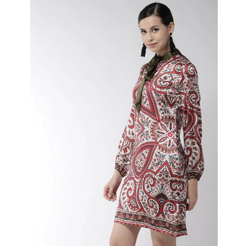 Mayawye Women's Polyester Printed Long Sleeves Above Knee Dress (Red)