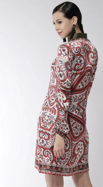 Mayawye Women's Polyester Printed Long Sleeves Above Knee Dress (Red)