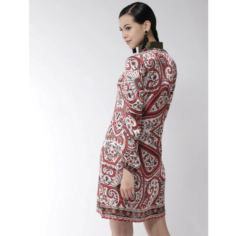 Mayawye Women's Polyester Printed Long Sleeves Above Knee Dress (Red)