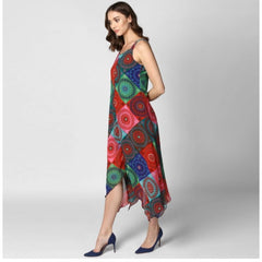 Mayawye Women's Polyester Asymmetrical Shoulder Straps Knee-Length Dress (Multicolor)