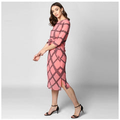 Mayawye Women's Polyester Checkered 3-4th Sleeves Below Knee Dress (Pink - Black)
