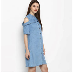 Mayawye Women's Denim Solid Cold Shoulder Above Knee Dress (Blue)