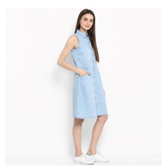 Mayawye Women's Denim Solid Sleeveless Below Knee Dress (Blue)
