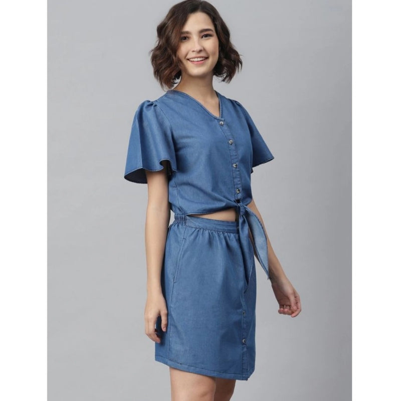 Mayawye Women's Denim Solid Flutter Above Knee Dress (Blue)