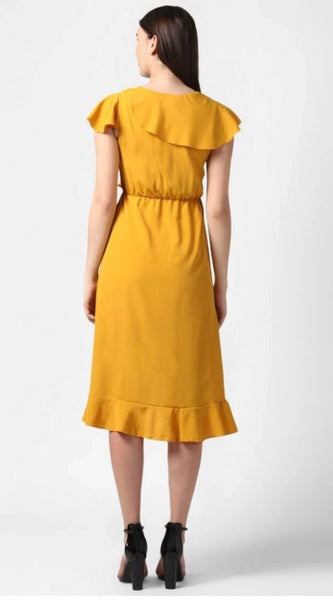 Mayawye Women's Polyester Ruffled Cap Sleeve Knee-Length Dress (Yellow)