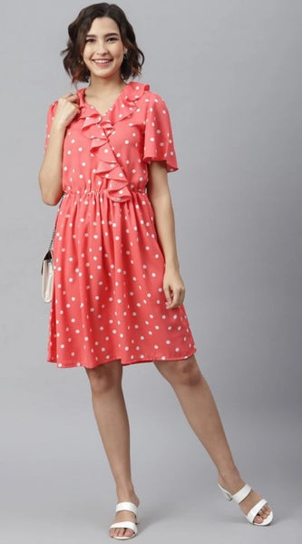 Mayawye Women's Polyester Polka Flutter Above Knee Dress (Coral)
