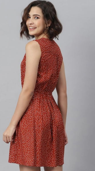 Mayawye Women's Rayon Polka Sleeveless Above Knee Dress (Rust)