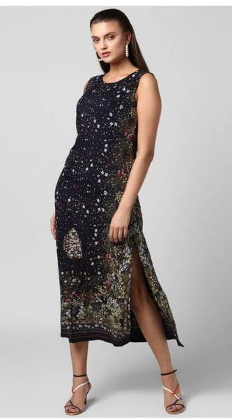 Mayawye Women's Rayon Floral Sleeveless Calf-length Dress (Black)