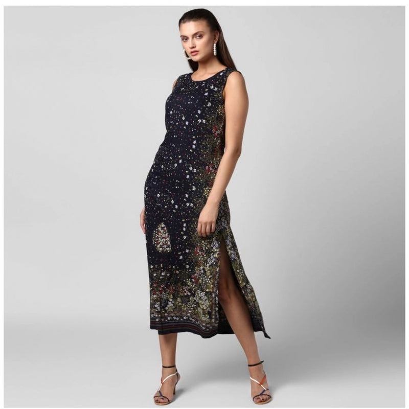 Mayawye Women's Rayon Floral Sleeveless Calf-length Dress (Black)