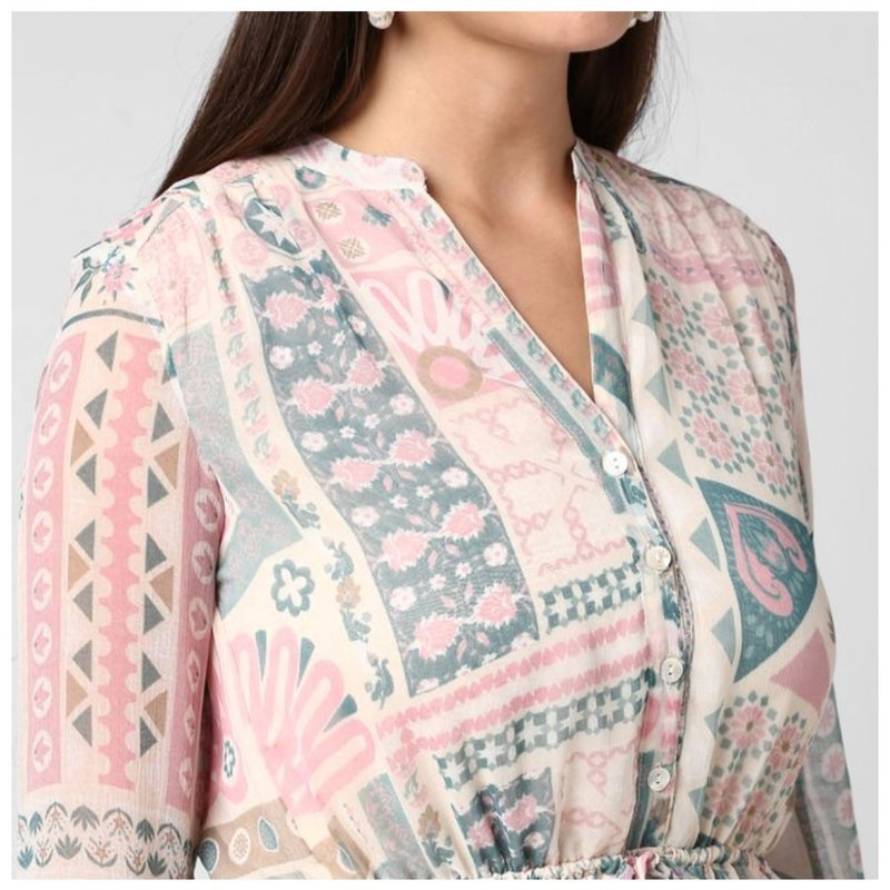 Mayawye Women's Polyester Printed Long Sleeves Above Knee Dress (Light Pink - Off White)