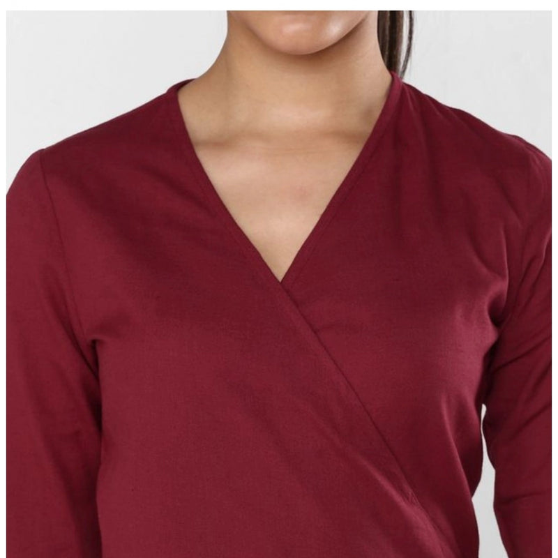 Mayawye Women's Cotton Solid 3-4th Sleeves Above Knee Dress (Maroon)