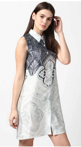 Mayawye Women's Polyester Printed Sleeveless Above Knee Dress (Blue)