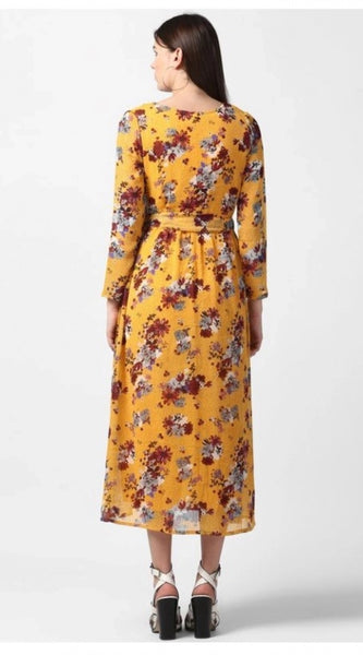 Mayawye Women's Polyester Floral Long Sleeves Calf-length Dress (Yellow)