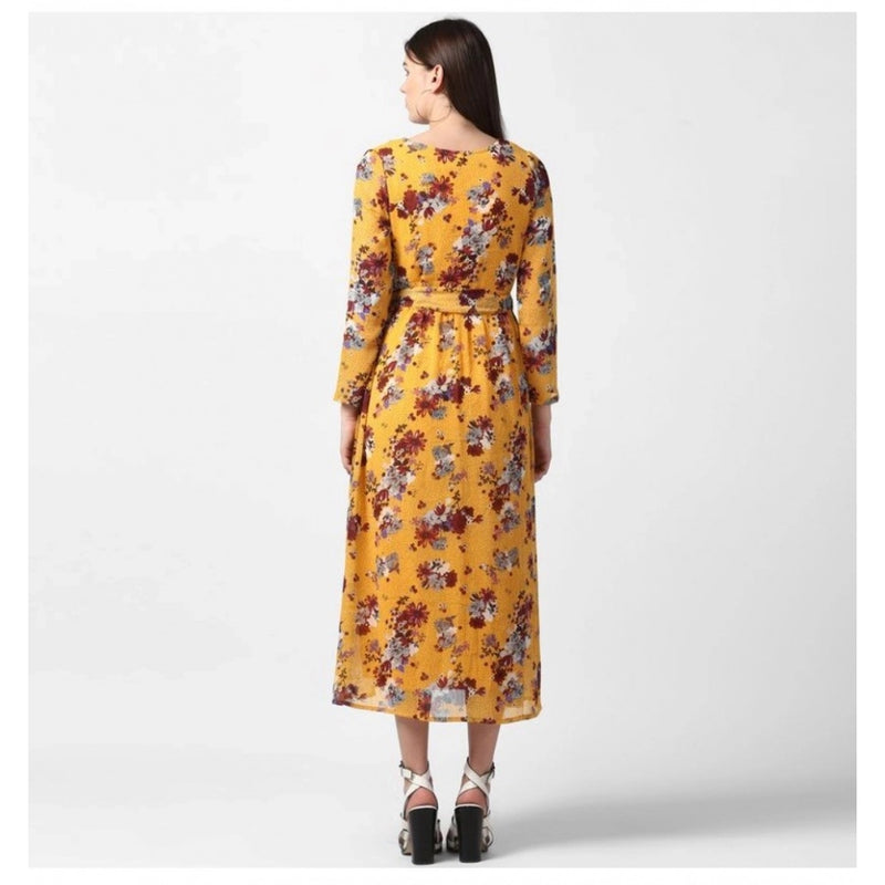 Mayawye Women's Polyester Floral Long Sleeves Calf-length Dress (Yellow)