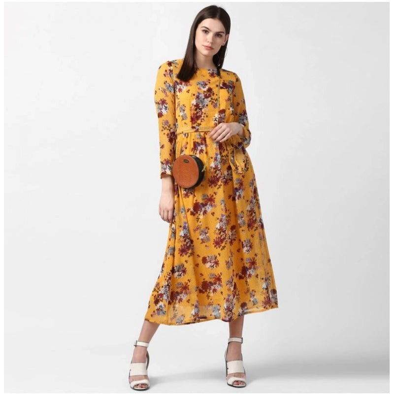 Mayawye Women's Polyester Floral Long Sleeves Calf-length Dress (Yellow)