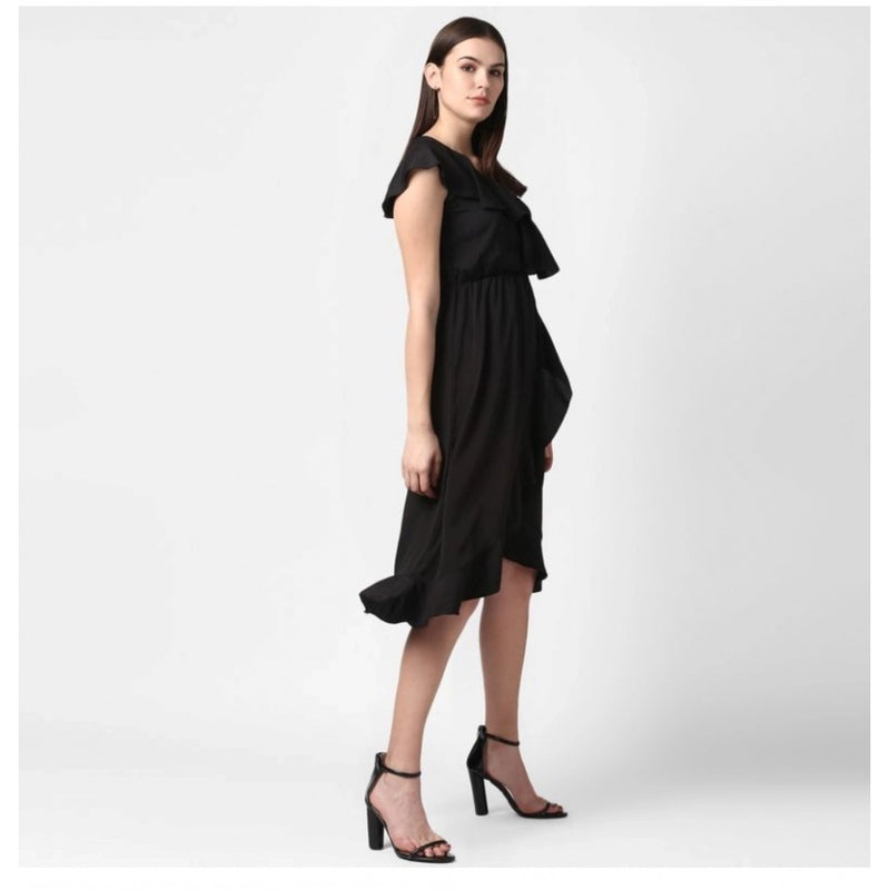 Mayawye Women's Polyester Ruffled Cap Sleeve Knee-Length Dress (Black)