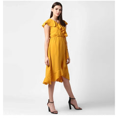 Mayawye Women's Polyester Ruffled Cap Sleeve Knee-Length Dress (Yellow)