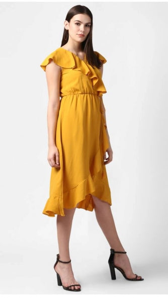 Mayawye Women's Polyester Ruffled Cap Sleeve Knee-Length Dress (Yellow)