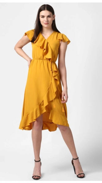 Mayawye Women's Polyester Ruffled Cap Sleeve Knee-Length Dress (Yellow)