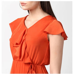 Mayawye Women's Polyester Ruffled Cap Sleeve Knee-Length Dress (Orange)