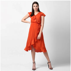 Mayawye Women's Polyester Ruffled Cap Sleeve Knee-Length Dress (Orange)