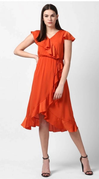 Mayawye Women's Polyester Ruffled Cap Sleeve Knee-Length Dress (Orange)