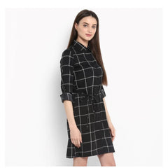 Mayawye Women's Polyester Checkered Roll Up Sleeve Above Knee Dress (Black - White)