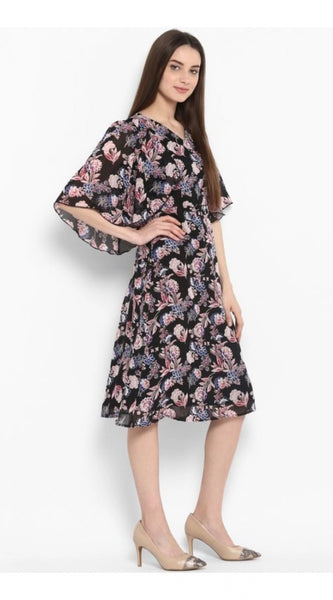 Mayawye Women's Polyester Floral Short Sleeve Knee-Length Dress (Black - Multicolor)