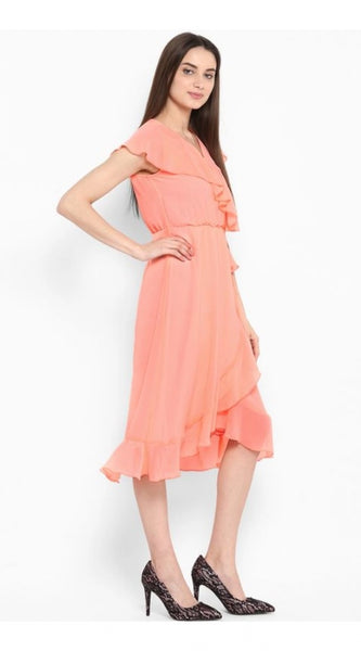 Mayawye Women's Polyester Ruffled Cap Sleeve Below Knee Dress (Neon Pink)