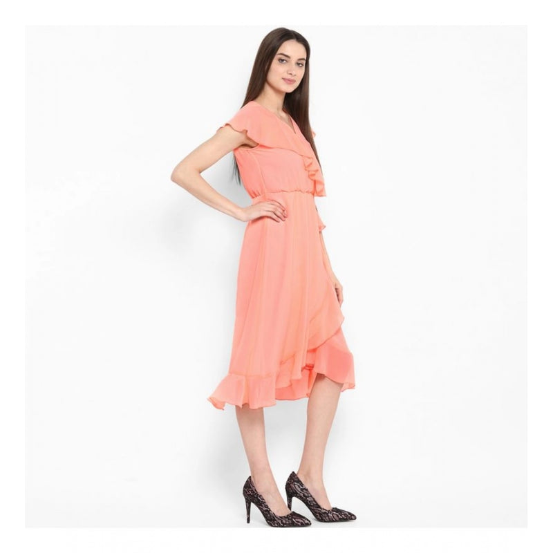 Mayawye Women's Polyester Ruffled Cap Sleeve Below Knee Dress (Neon Pink)