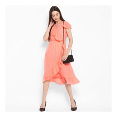 Mayawye Women's Polyester Ruffled Cap Sleeve Below Knee Dress (Neon Pink)