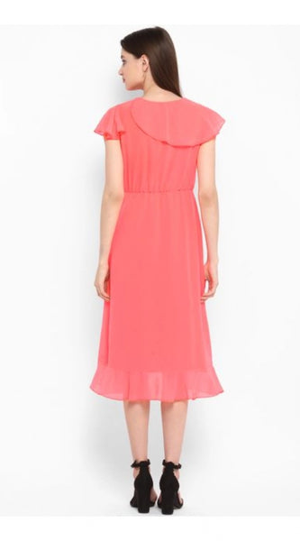Mayawye Women's Polyester Ruffled Cap Sleeve Below Knee Dress (Coral Pink)