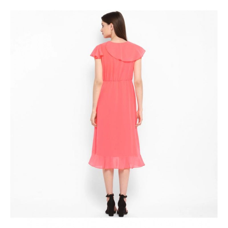 Mayawye Women's Polyester Ruffled Cap Sleeve Below Knee Dress (Coral Pink)
