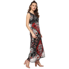 Mayawye Women's Polyester Printed Sleeveless Dress (Red - Black)