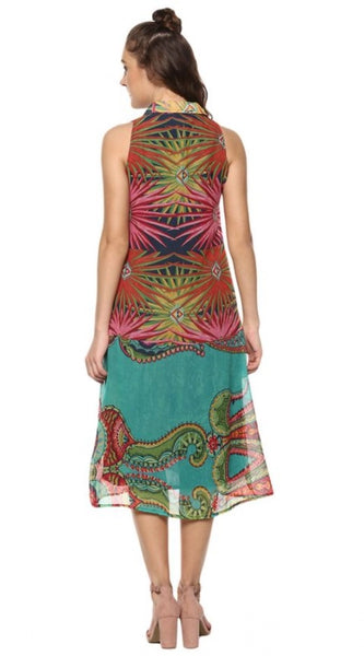 Mayawye Women's Polyester Floral Sleeveless Below Knee Dress (Multicolor)