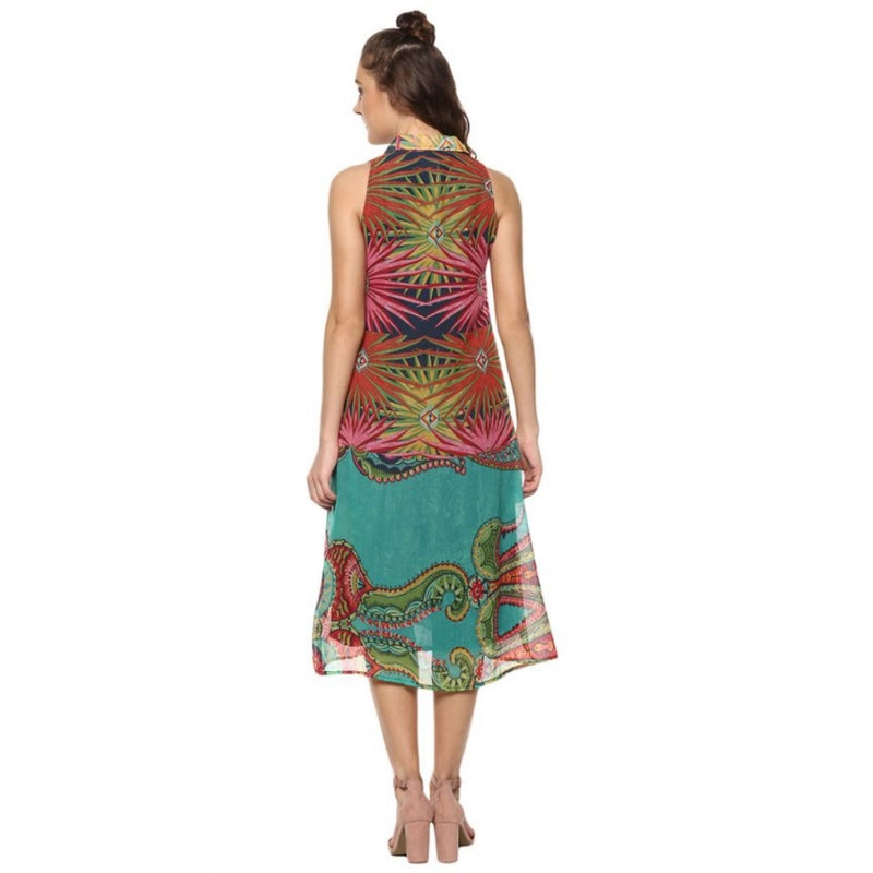 Mayawye Women's Polyester Floral Sleeveless Below Knee Dress (Multicolor)
