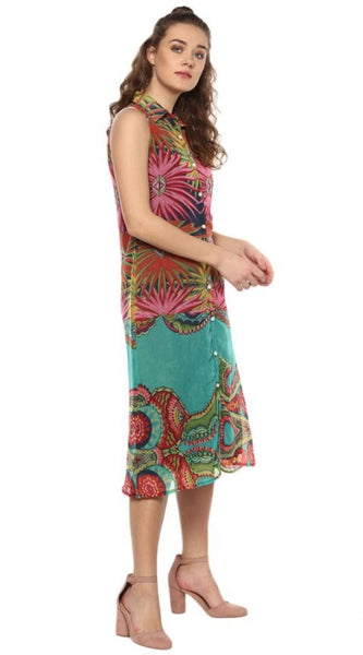 Mayawye Women's Polyester Floral Sleeveless Below Knee Dress (Multicolor)