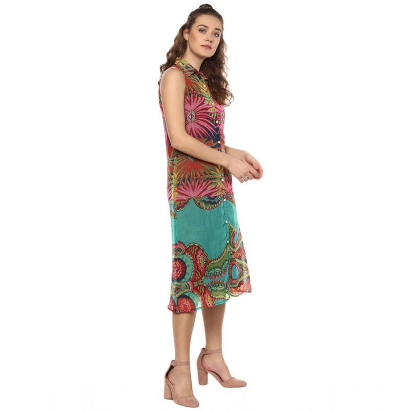 Mayawye Women's Polyester Floral Sleeveless Below Knee Dress (Multicolor)