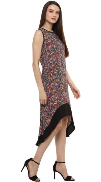 Mayawye Women's Polyester Printed Sleeveless Knee-Length Dress (Multicolor)