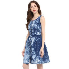 Mayawye Women's Denim Tie & Dye Sleeveless Above Knee Dress (Blue)