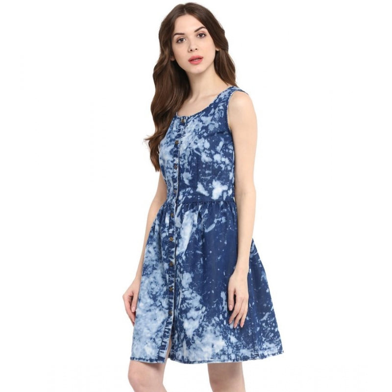 Mayawye Women's Denim Tie & Dye Sleeveless Above Knee Dress (Blue)