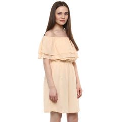 Mayawye Women's Polyester Solid Sleeveless Knee-Length Dress (Beige)