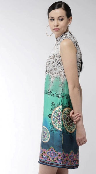 Mayawye Women's Polyester Printed Sleeveless Above Knee Dress (Multicolor)
