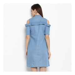 Mayawye Women's Denim Solid Cold Shoulder Above Knee Dress (Blue)
