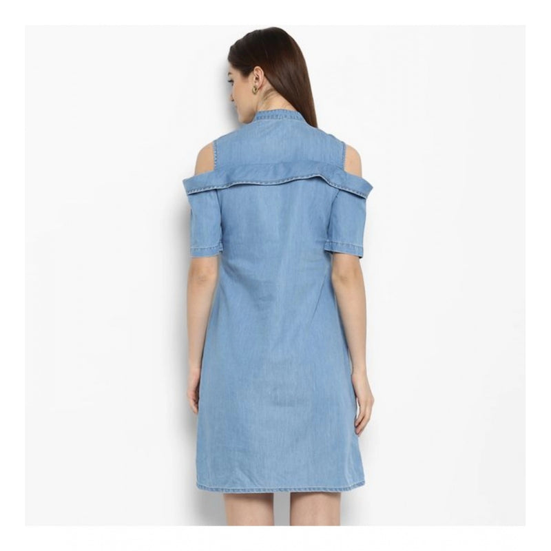 Mayawye Women's Denim Solid Cold Shoulder Above Knee Dress (Blue)