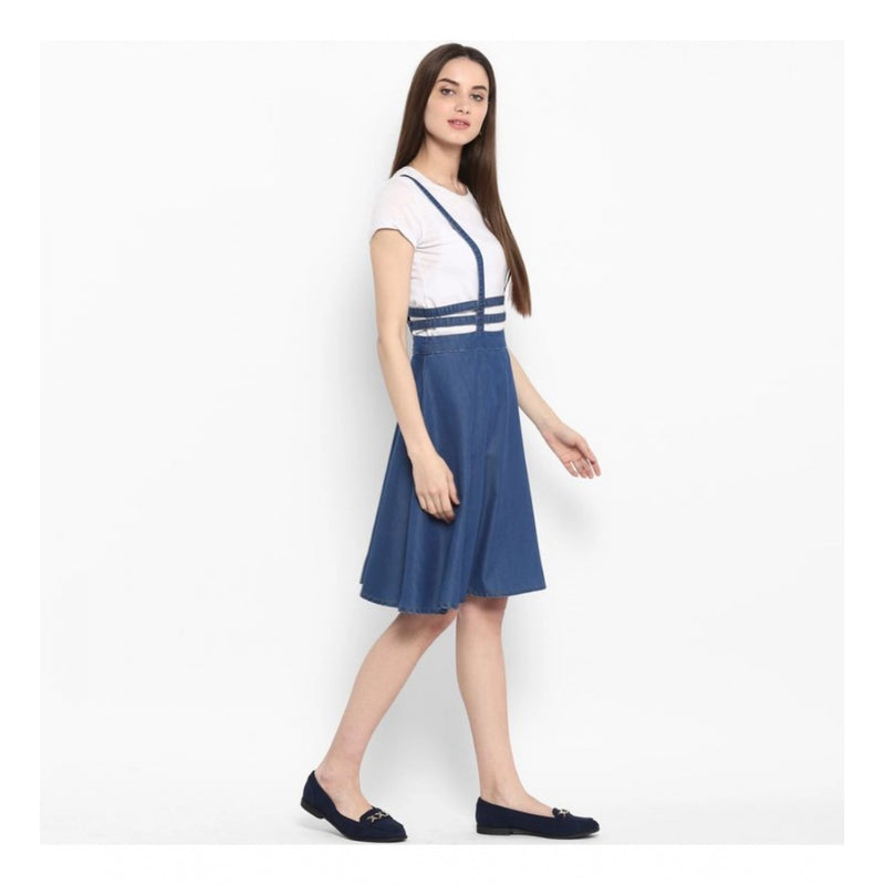Mayawye Women's Denim Solid Shoulder Straps Below Knee Dress (Blue)