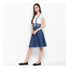 Mayawye Women's Denim Solid Shoulder Straps Below Knee Dress (Blue)